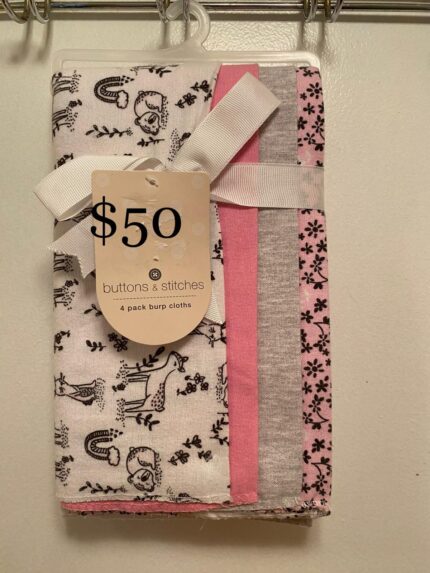 Buttons & Stitches 4pc pack burp cloths - white/grey/pink/& pink with flowers