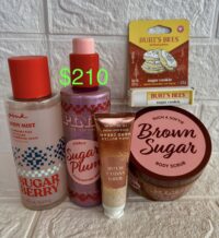 Sugar Berry: Raspberry Fizz, Pink Sugar & Shimmering Snow [Mist], Victoria's Secret Pink: Brown Sugar Body Scrub,  Victoria's Secret Pink : Sugar Plum  Body Oil, B&B Shea Butter Hand Cream: Warm Vanilla Sugar, Burt's Bees "Sugar Cookie Lipbalm" One the Nice List