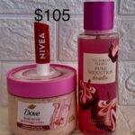 Dove Body Scrub Himalayan Salt & Rose Oil, VS Pure Seduction Brilee Fragrance Mist & Nivea Cherry Lip Balm
