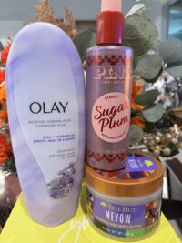 Olay Moisture Ribbons Plus Bodywash, Tree Hut “Meyow” Body Butter, and VS Pink : Starlit Sugar Plum Highlighting Body Oil bundle